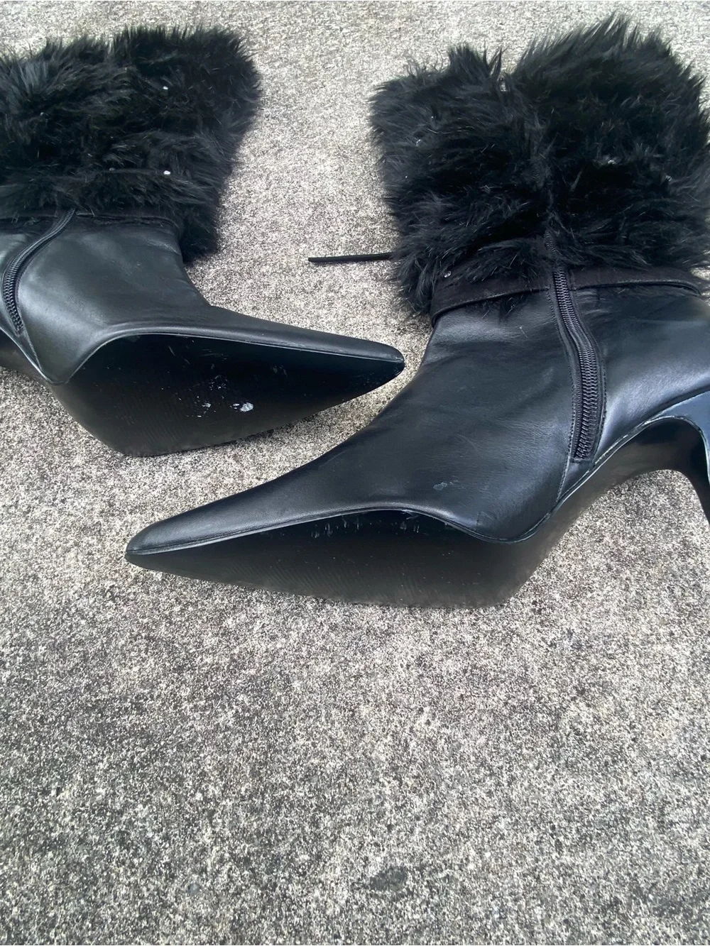 Y2K Black Leather & Fur Rhinestone Stiletto Boots Size 10 - Picture 7 of 8